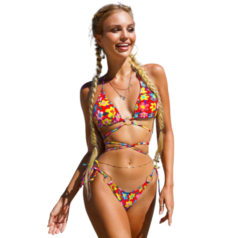 Floral Hollow Out Cross String Bikini Swimsuit Set