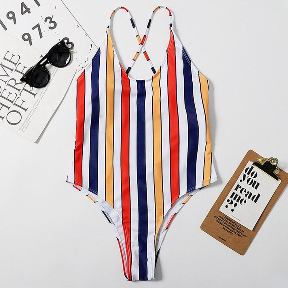 Striped Print 1 Piece Cross Backless Swimsuit