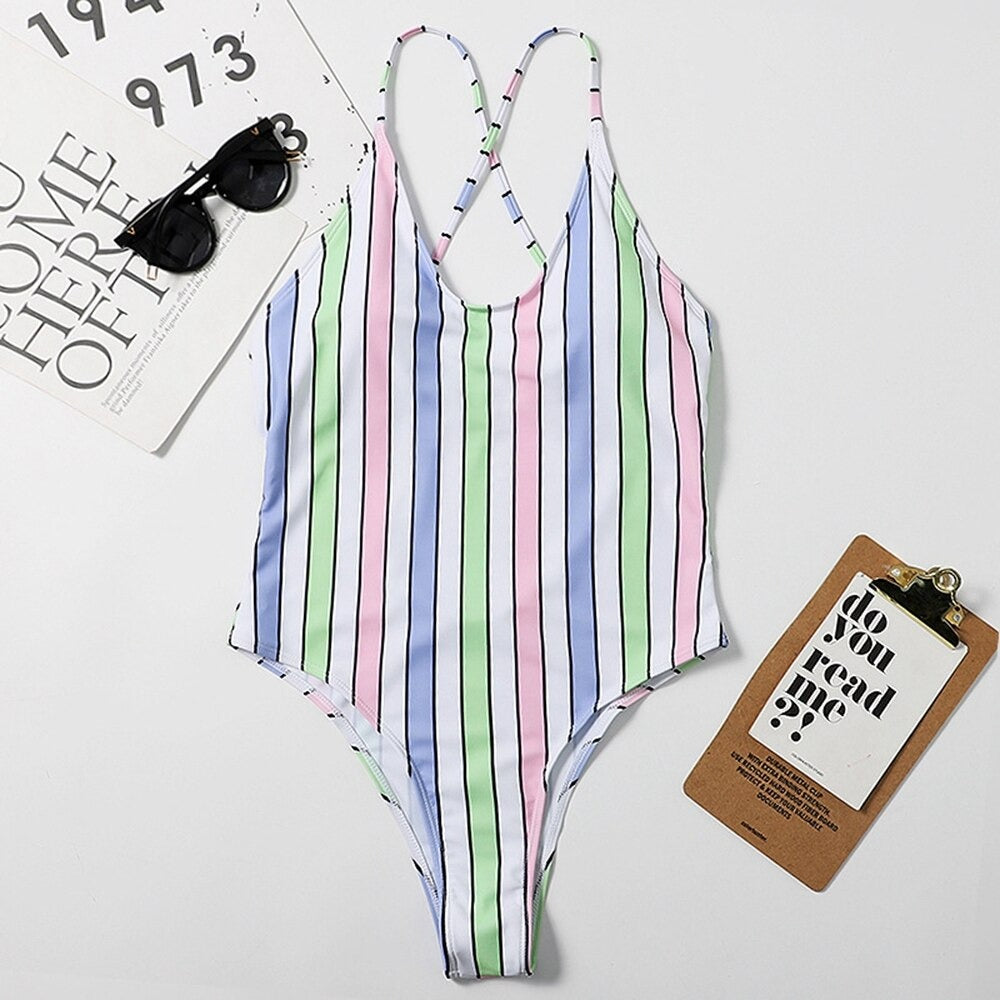 Striped Print 1 Piece Cross Backless Swimsuit