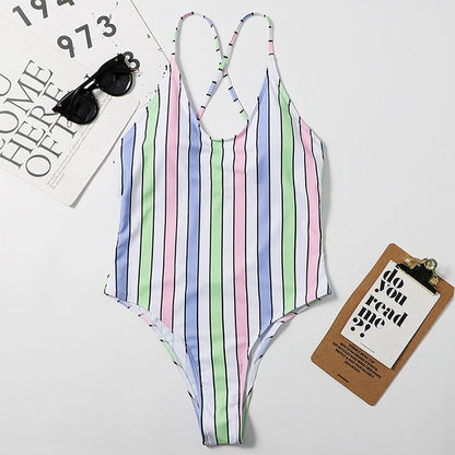 Striped Print 1 Piece Cross Backless Swimsuit