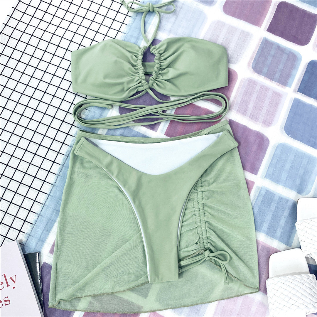 Three-Piece Solid Color Swimsuit