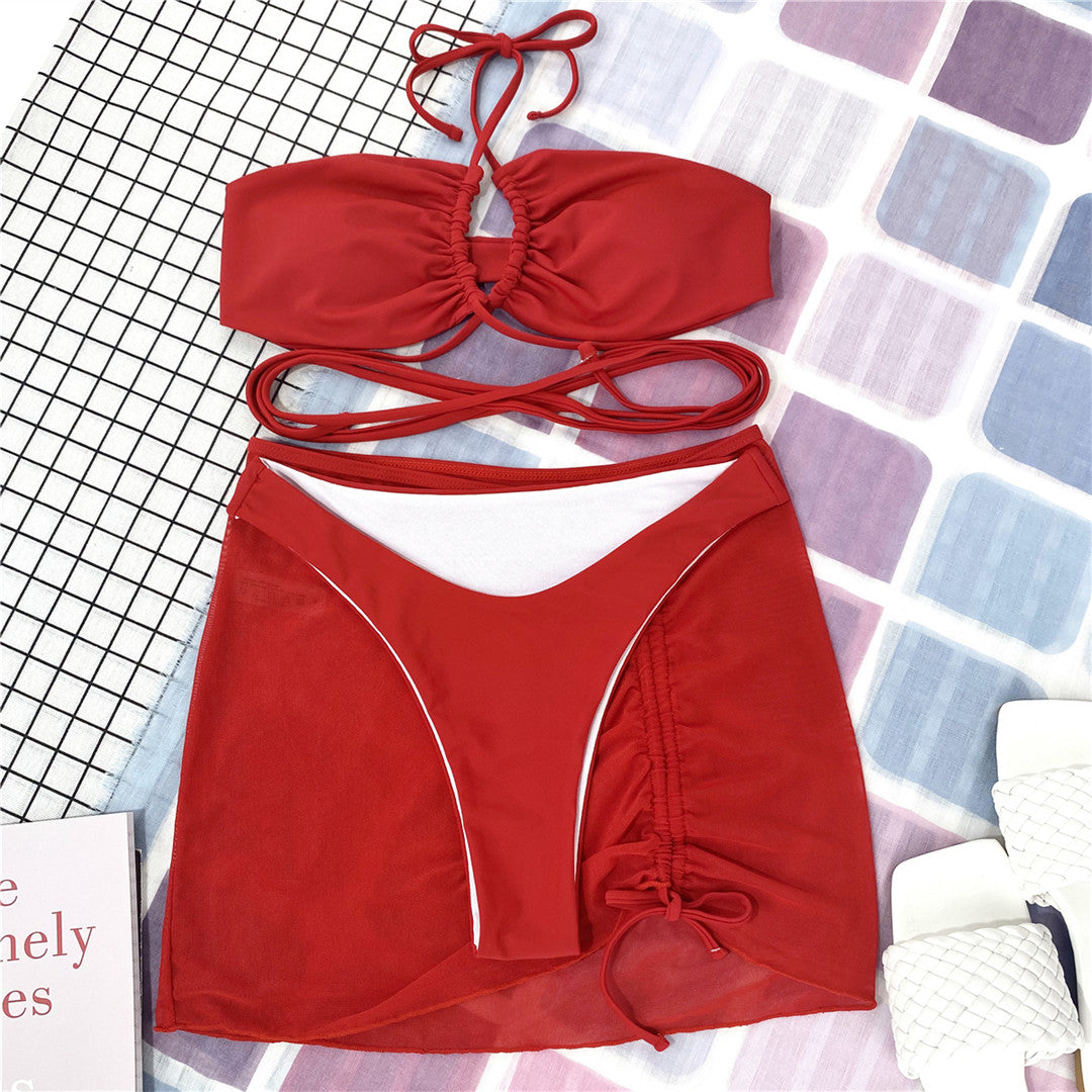 Three-Piece Solid Color Swimsuit