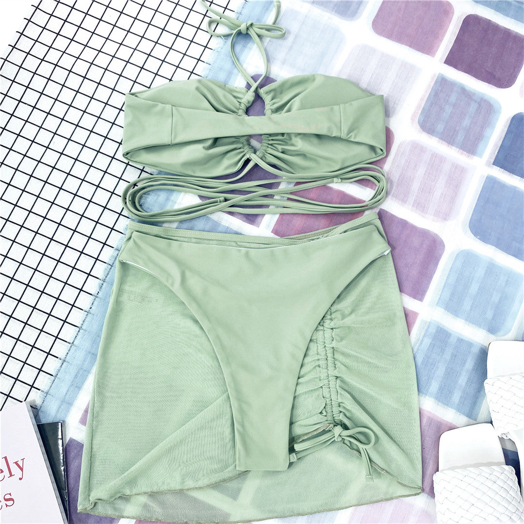 Three-Piece Solid Color Swimsuit