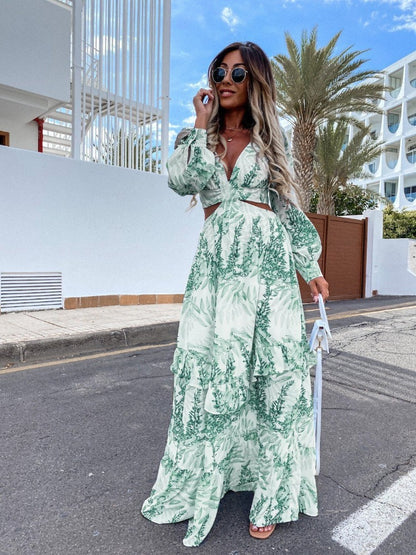 V-Neck Hollow Out Lantern Sleeve Long Maxi Dress