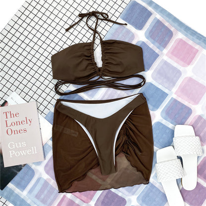 Three-Piece Solid Color Swimsuit