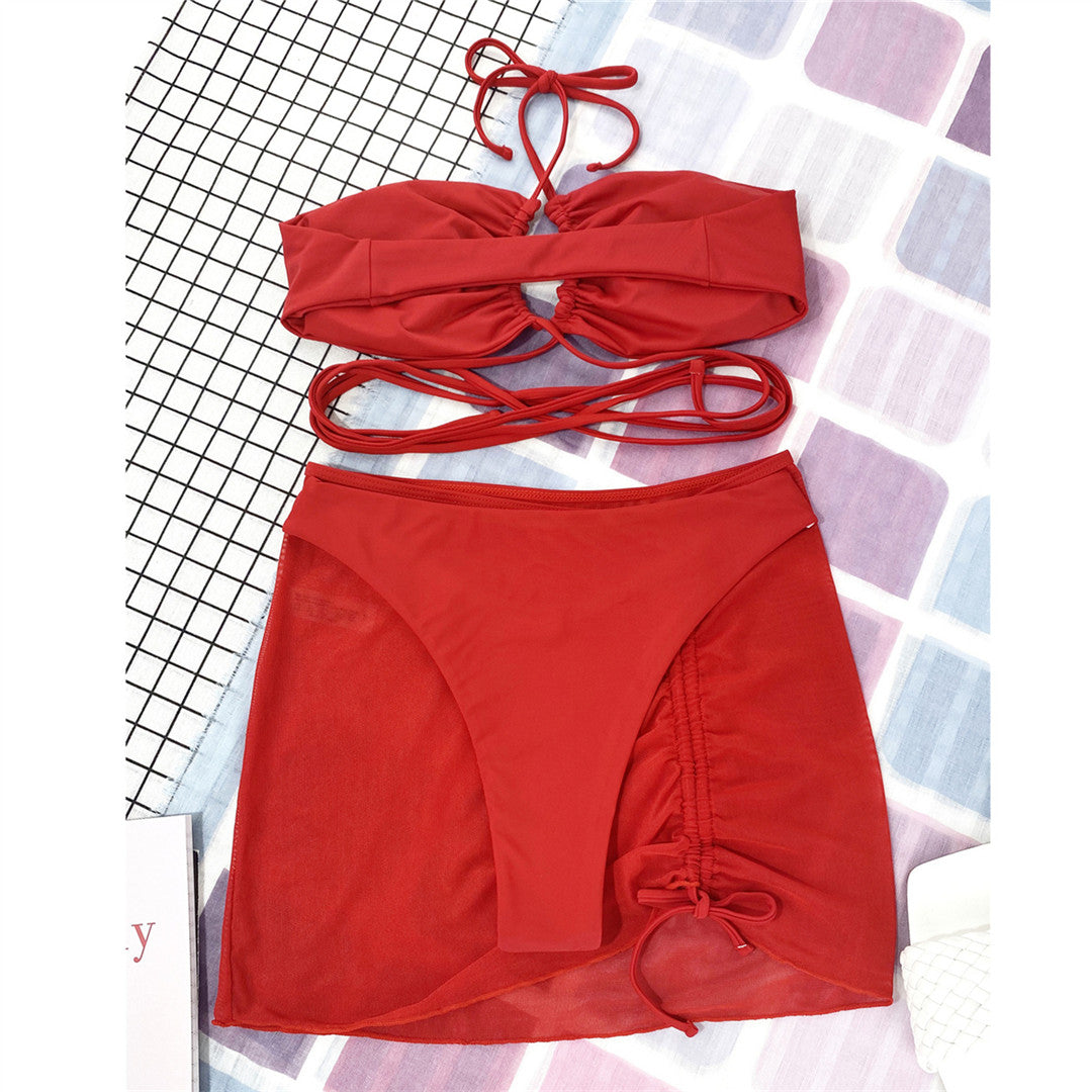 Three-Piece Solid Color Swimsuit