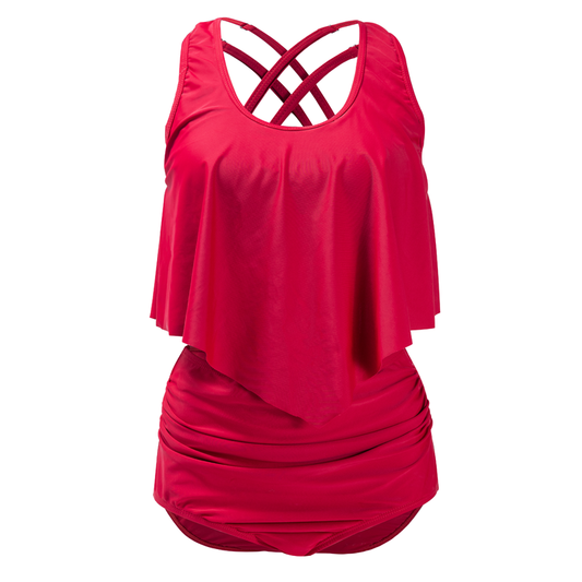 Deep U Neck Red Ruffle Swimsuit