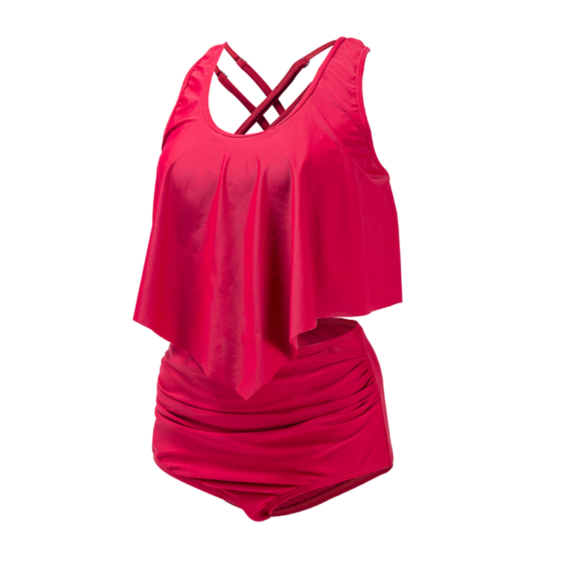 Deep U Neck Red Ruffle Swimsuit