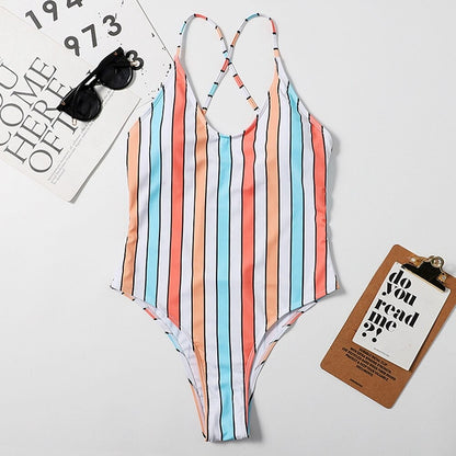 Striped Print 1 Piece Cross Backless Swimsuit