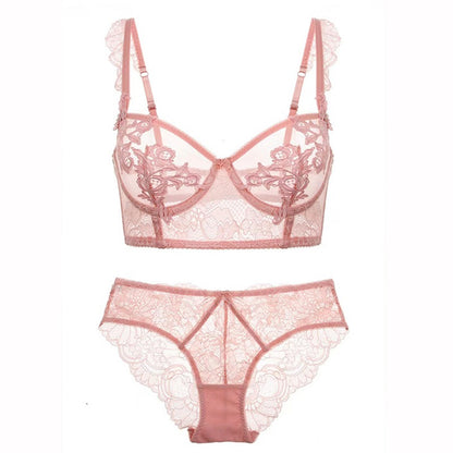 Ultra-thin Floral Embroidery Transparent Lingerie Set