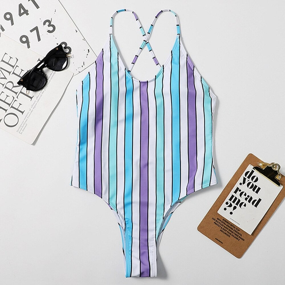 Striped Print 1 Piece Cross Backless Swimsuit