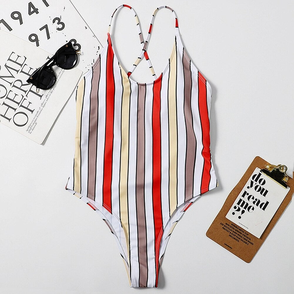 Striped Print 1 Piece Cross Backless Swimsuit