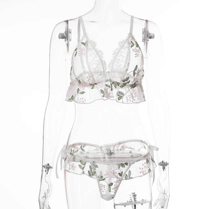 Dainty White Embroidered Flowers Two-Piece Underwear