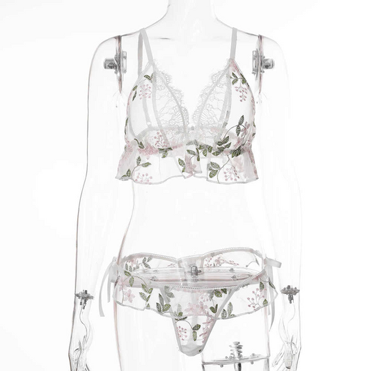 Dainty White Embroidered Flowers Two-Piece Underwear