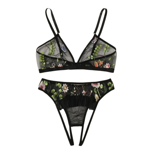 Elegant Embroidered Flower Print Lingerie