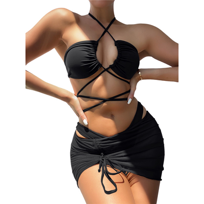 Three-Piece Solid Color Swimsuit