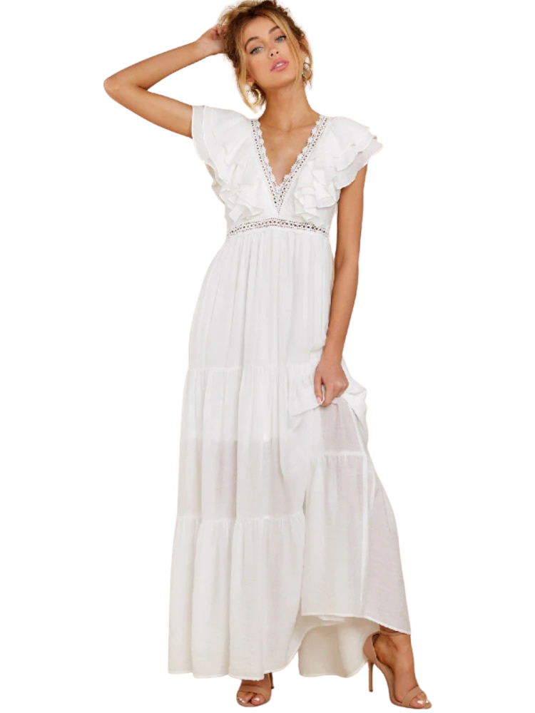 Deep White V-Neck Dress For Women