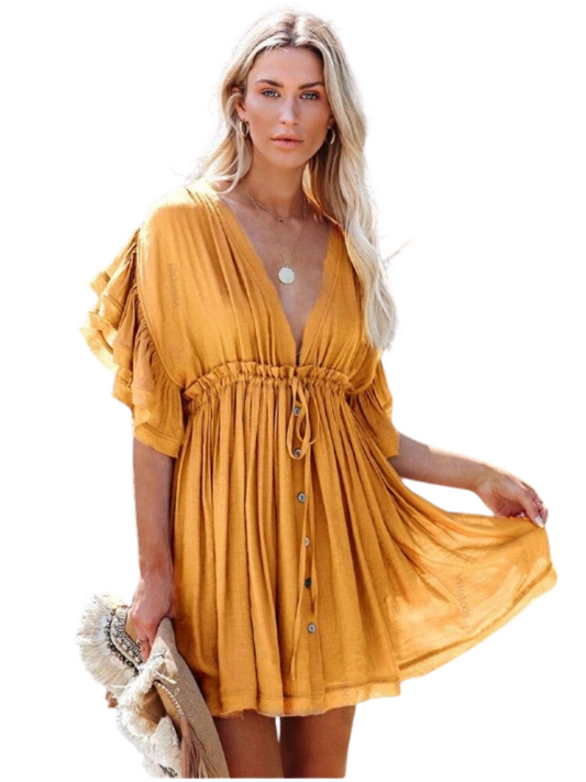 Deep V-Neck Ruffled Dress For Women