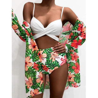 Tropical Three Pieces Printed Cover Up Bikini Set For Women