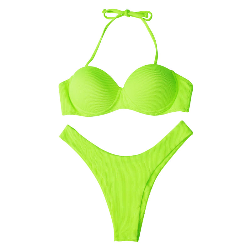 Solid Two Piece Push-Up Bra Bikini Set For Women