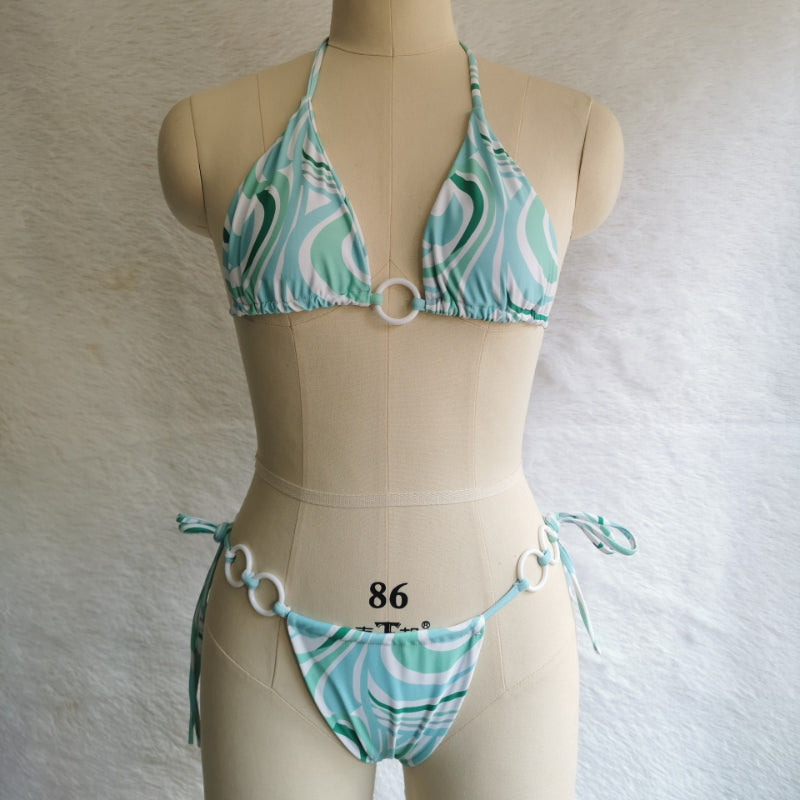 Floral Hollow Out Cross String Bikini Swimsuit Set