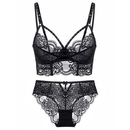 Bandage Lace Embroidery Push Up Bra And Panty Set