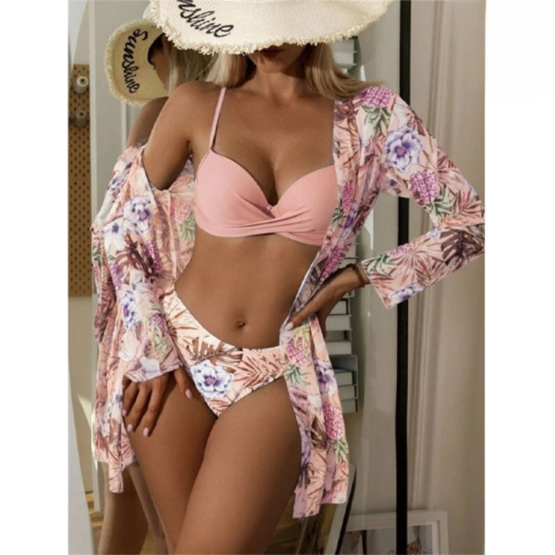 Multicolor Three Pieces Printed Cover Up Bikini For Women