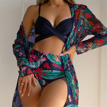 Tropical Three Pieces Printed Cover Up Bikini Set For Women