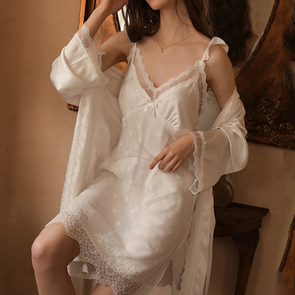 2 Pieces Faux Silk Embroidery Nightdress