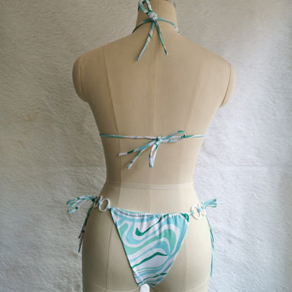 Floral Hollow Out Cross String Bikini Swimsuit Set