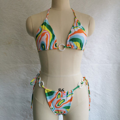 Floral Hollow Out Cross String Bikini Swimsuit Set