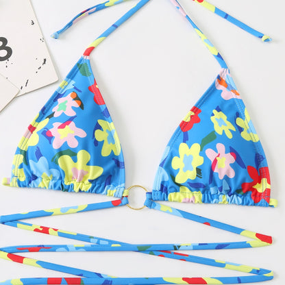 Floral Hollow Out Cross String Bikini Swimsuit Set