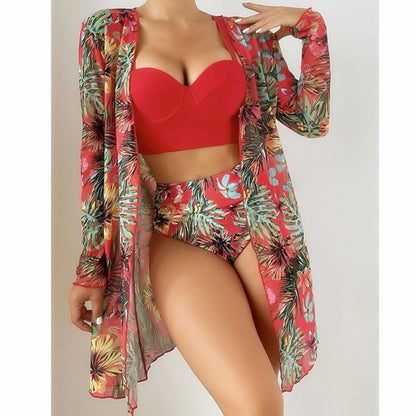 Tropical Three Pieces Printed Cover Up Bikini Set For Women