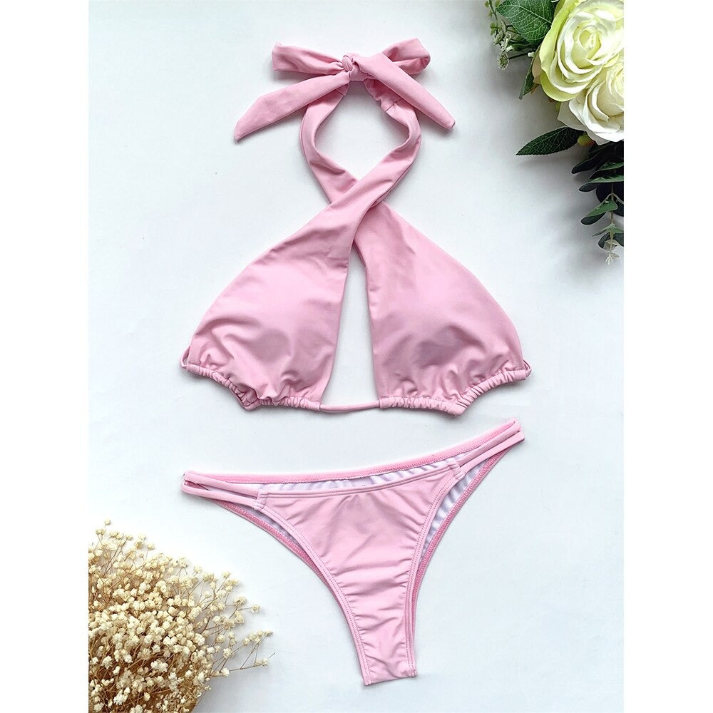 Hollow Out Halter Neck Bikini Set