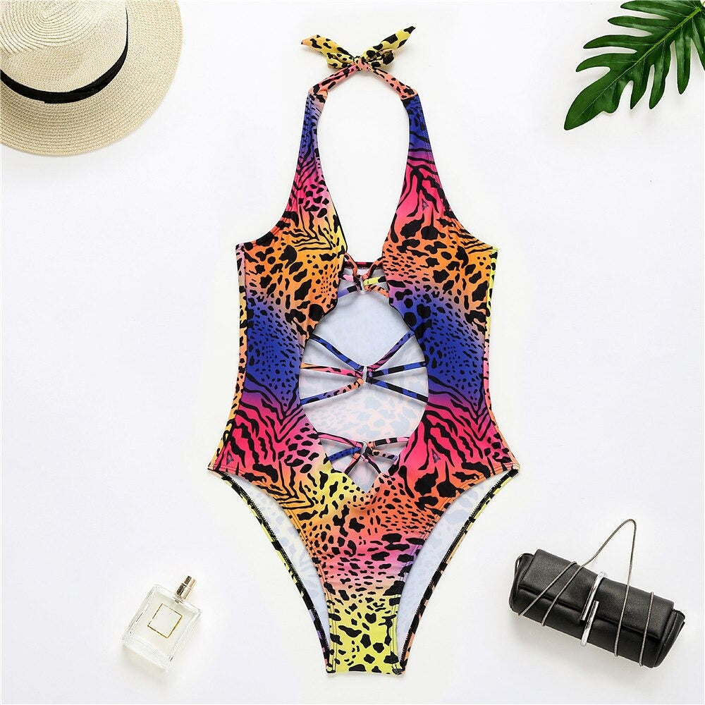 Leopard Print Hollow Out One Piece Swimsuit