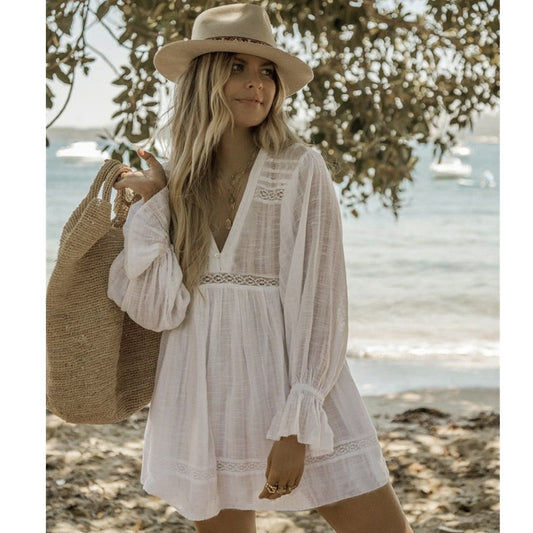 White Deep V-Neck Beach Wear