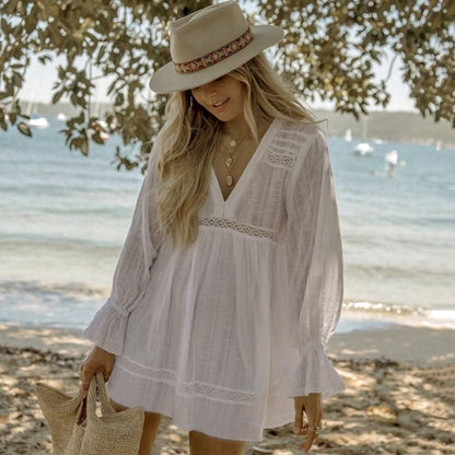 White Deep V-Neck Beach Wear