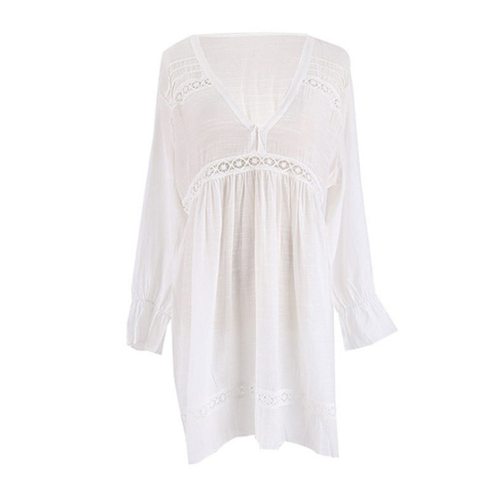 White Deep V-Neck Beach Wear