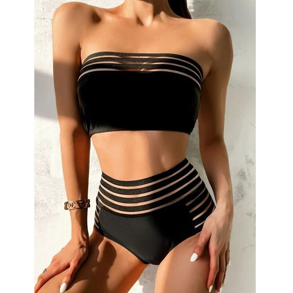 Strapless Mesh Patchwork Bikini