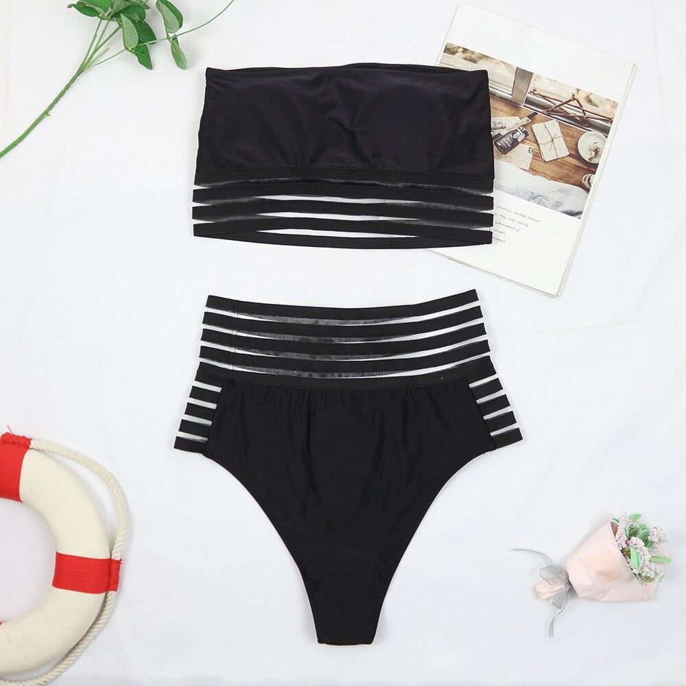 Strapless Mesh Patchwork Bikini