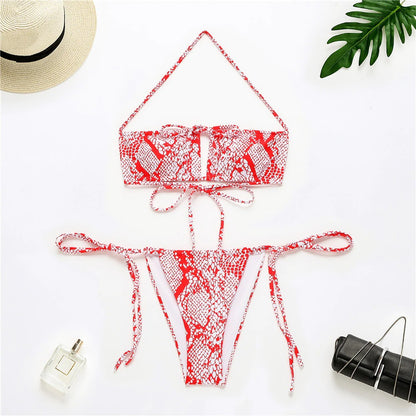 Snake Skin Print Hollow Out Lace Up Bikini Set