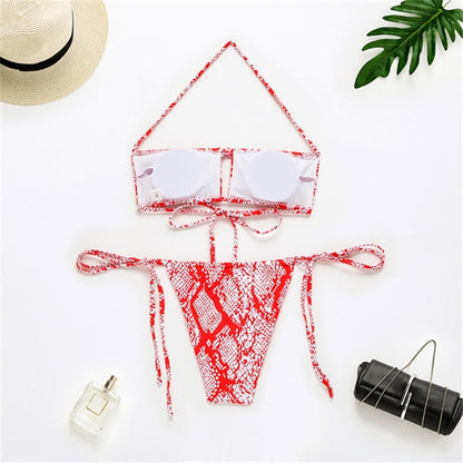 Snake Skin Print Hollow Out Lace Up Bikini Set