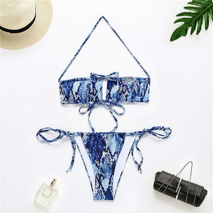 Snake Skin Print Hollow Out Lace Up Bikini Set