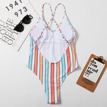 Striped Print 1 Piece Cross Backless Swimsuit