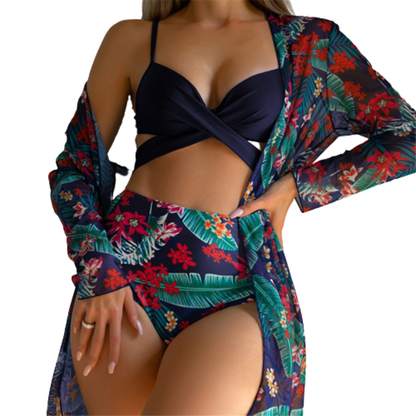 Tropical Three Pieces Printed Cover Up Bikini Set For Women